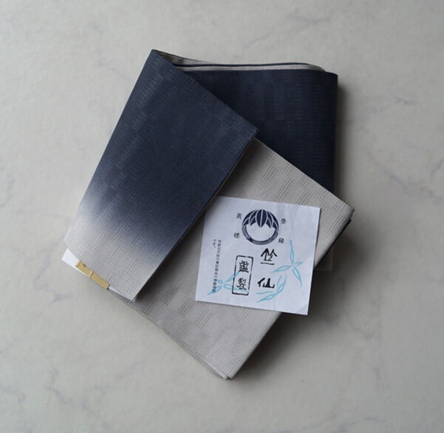 【竺仙・半巾帯】麻市松　グレーぼかし　半巾帯_1