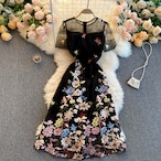 夏の新しいメッシュ刺繍ライト調理スタイル フレンチ レトロ ウエスト痩身ミッドレングス プリント大スイング ドレス サマー 夏物 lyxaj28560733324