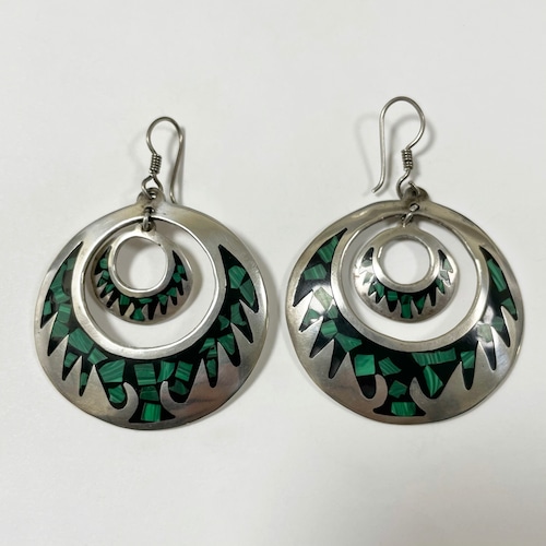 Vintage Inlaid Crushed Malachite 925 Silver Pirced Earrings Made In Mexico