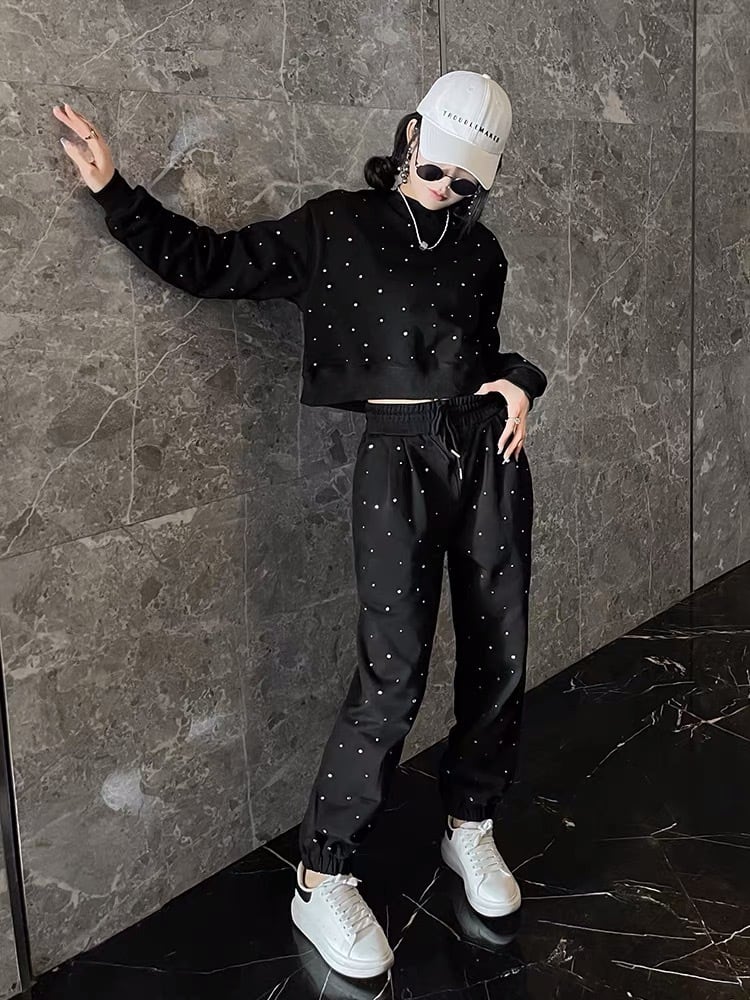 セットアップ】スウェット 黒 ブラック ストリート 白 ラインストーン
