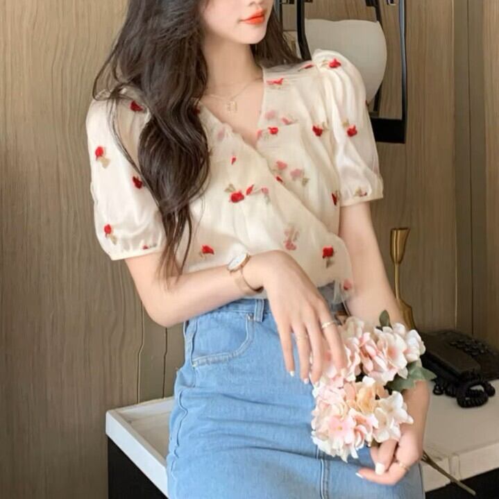 フレンチシックパフスリーブフラワーブラウス