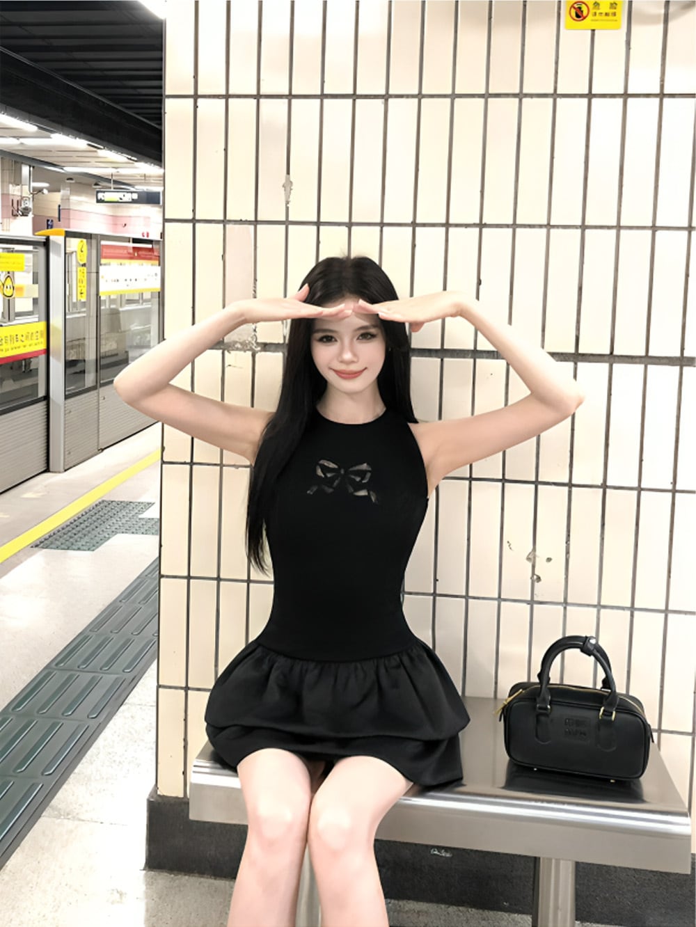 大人可愛い｜リボンアイコンブラックノースリーブミニワンピース