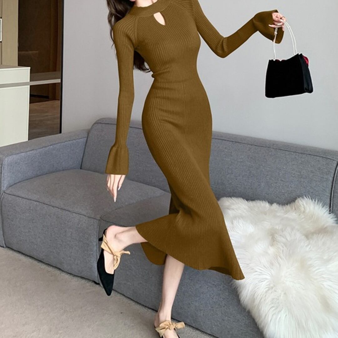 Fall/Winter Half Turtleneck Bell Sleeves Fishtail Long Skirt Knit Dress(3color) V1531