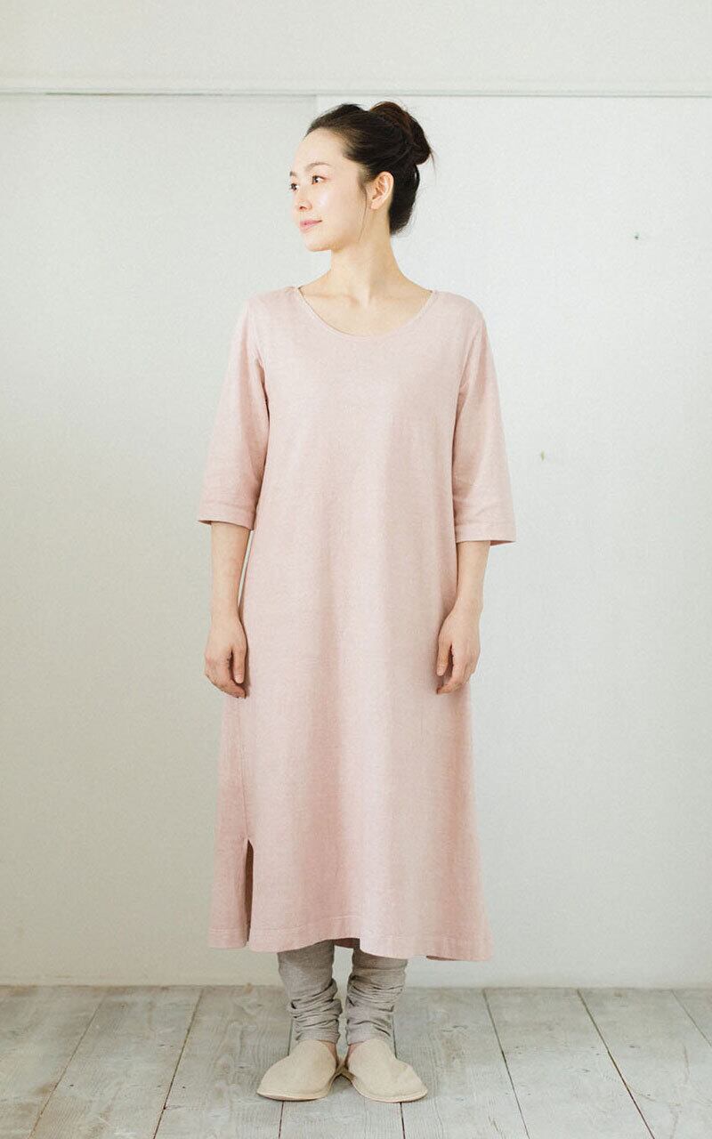 ハーフヘンプ Tシャツワンピース 七分袖 べんがら染 Neoneo