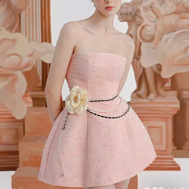 【Airi Styleシリーズ】ワンピース パーティー ツイード Aライン チューブドレス ピンク S M L
