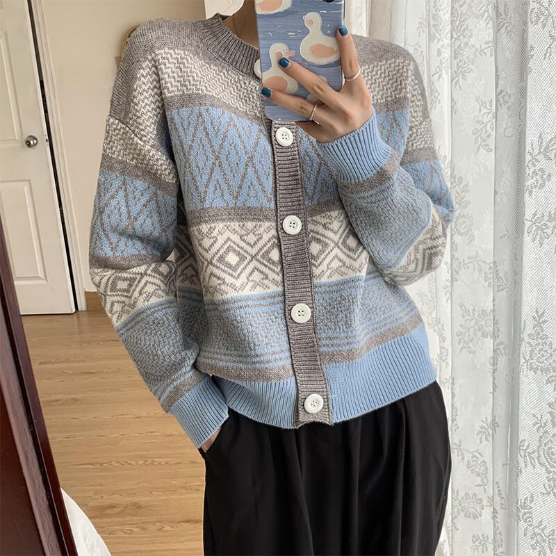 クレセントシティ2020秋新作幾何学模様ゆったり薄手セーターレトロニットカーディガンジャケットレディース クレセントシティ81602434533