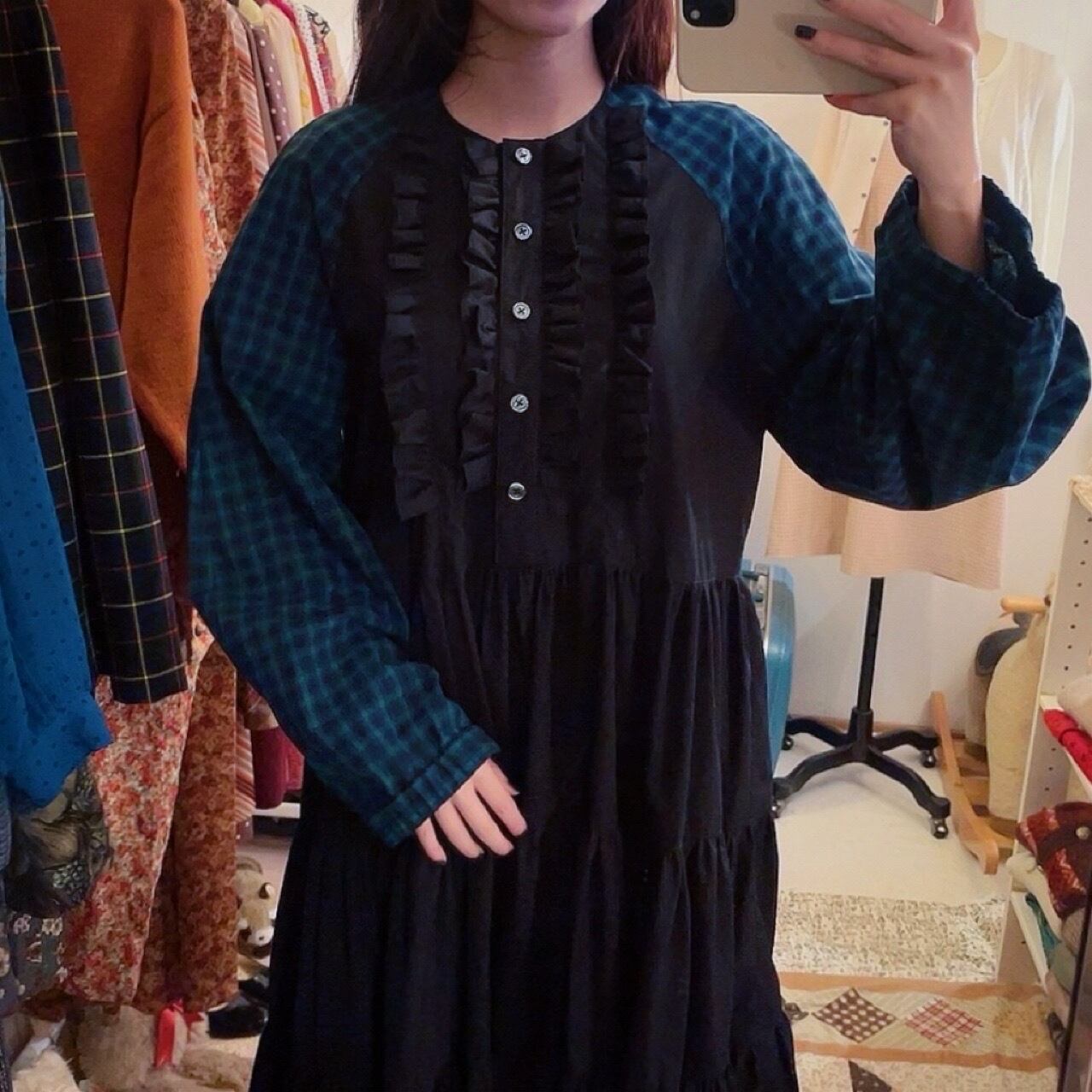 original / black × green check raglan sleeve one-piece