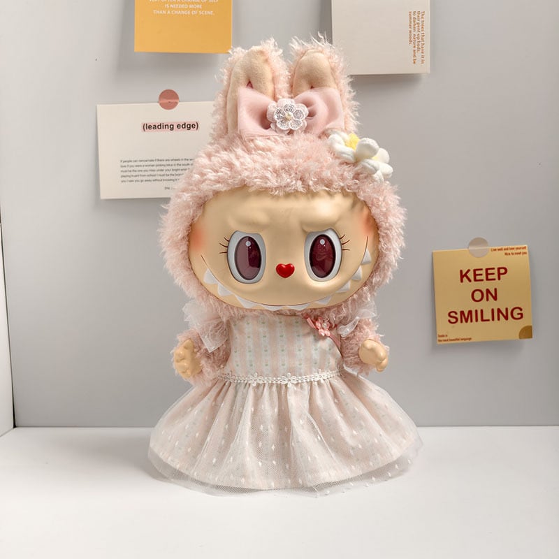 38cm Labubu用 フラワー チュールワンピース+リボンヘアアクセサリー