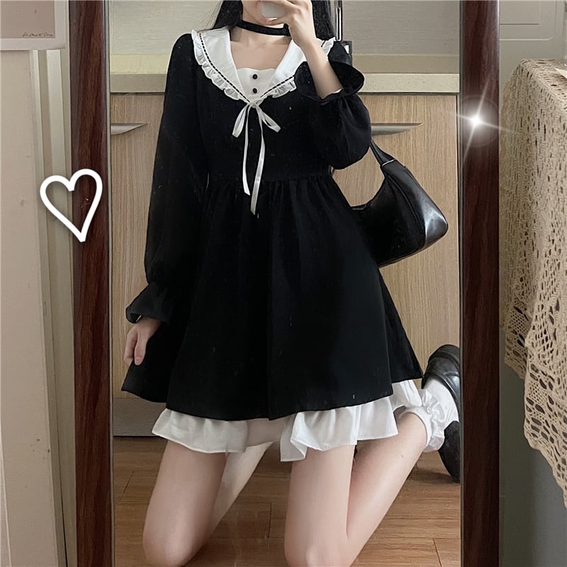 中国製 全身品 ゴスロリスタイル 黒ドレス レザー風