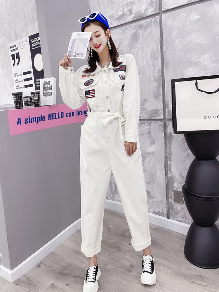 スプリングスタイルバックルベルト ウェストダブルポケットジャンプスーツ オールインワン 大きめサイズ 春物 ハーネス ミックスインファッション3705024489