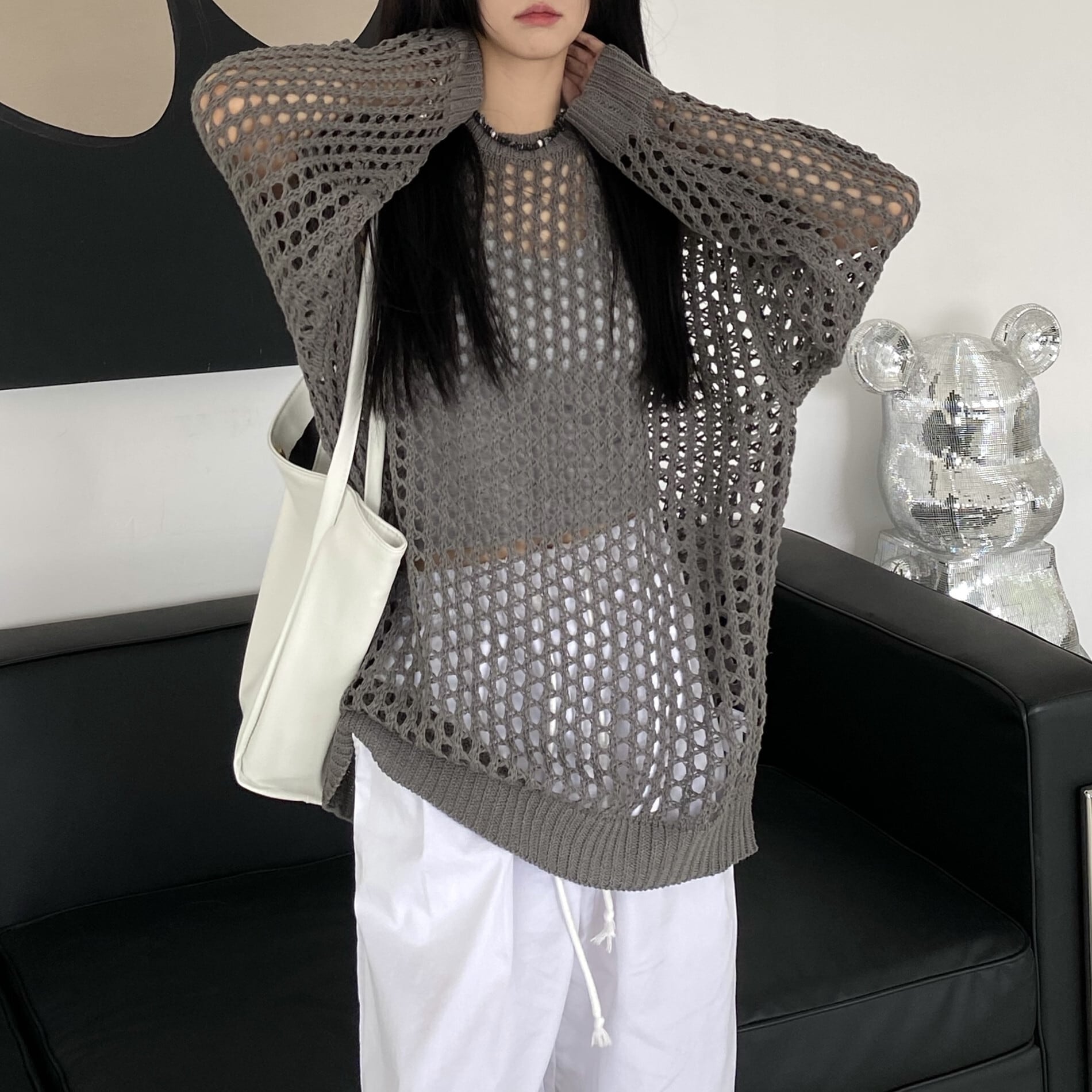 韓国 メッシュトップス ニット 長袖 無地 ラウンドネック 透け感 メッシュニット レディース トップス サマーニット メッシュ