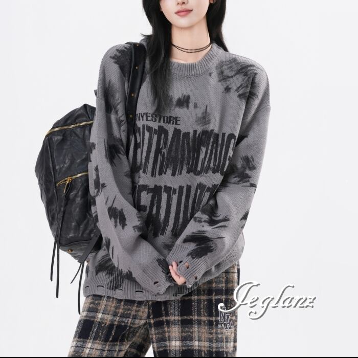 2色 ニット 長袖 シャツ ロンT ロゴ ペイント ユニセックス 韓国(MC277)βα