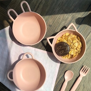 animal bowl + spoon fork SET / 蓋つき ピンク クマ ネコ ウサギ ボウル スプーン フォーク セット 皿 韓国 雑貨