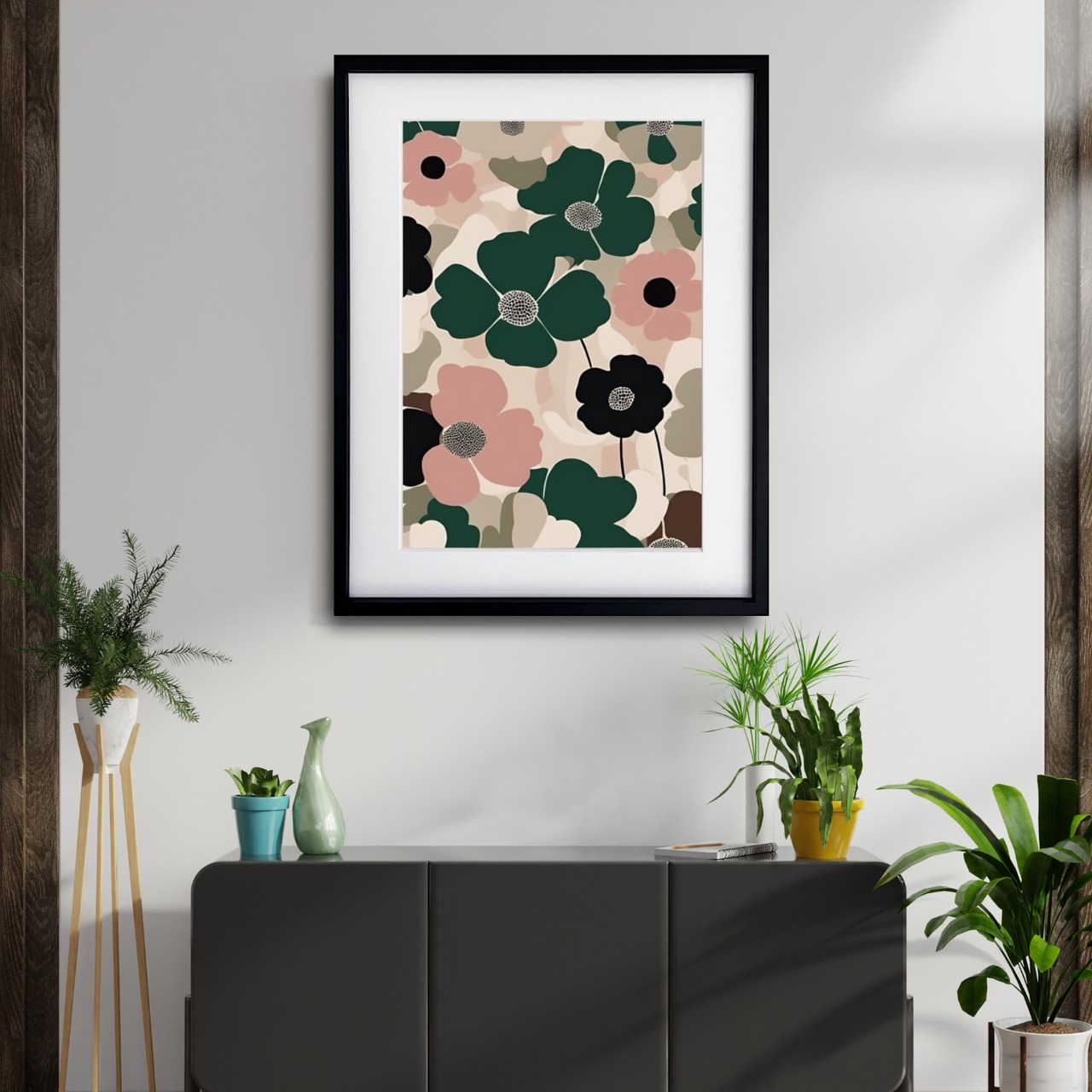 ボタニカル・ハーモニー｜ナチュラルとモダンが調和するフラワーアートポスター｜柔らかな色彩で空間を上品に彩るインテリアA4ポスター