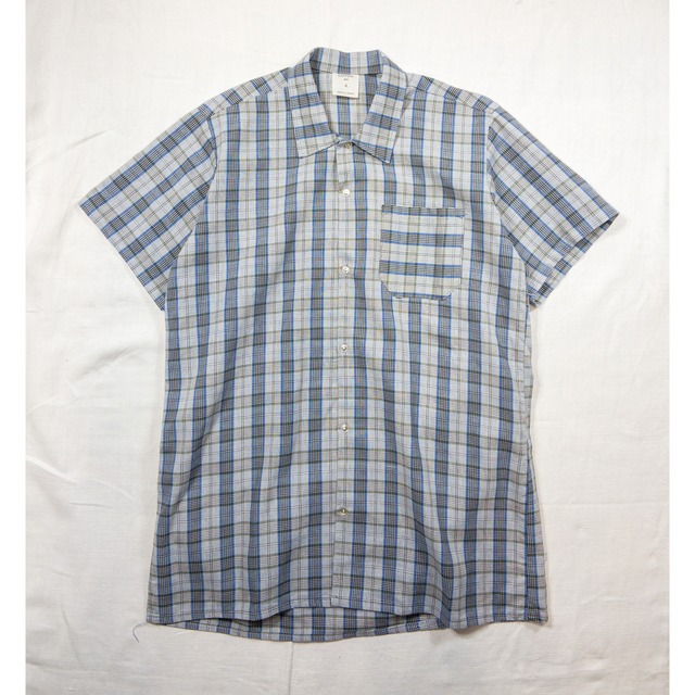 【1960s,DS】"French Work" Cotton Short Sleeved Blue Check Full Open Shirt, Deadstock!!