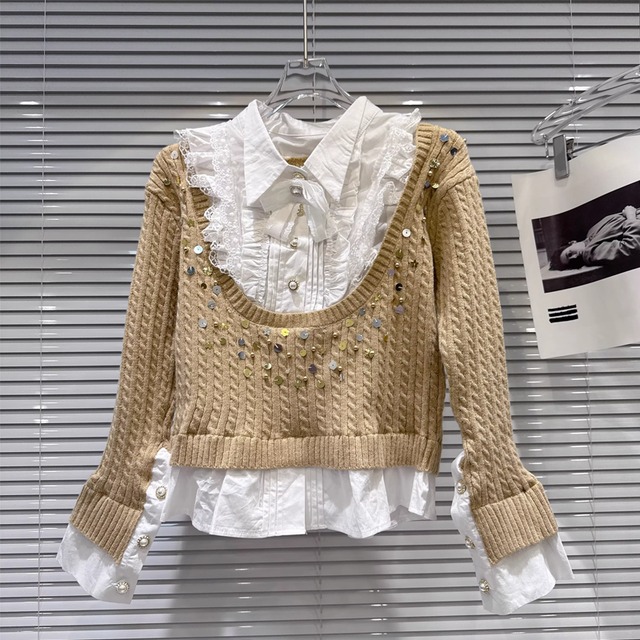 【tops】スパンコール付きフェイクレイヤードニットトップス Q7997