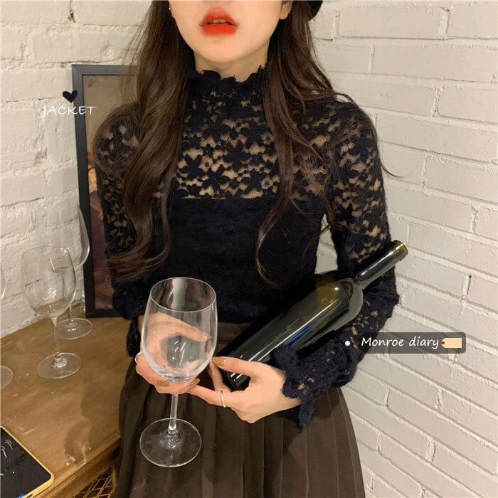 ブラックレースシャツ トップス オータムウィンタースタイルシフォン ロング 秋物 冬物 モンロー24204638665