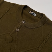 DAKS ダックス アーガイル ケーブル編み ヘンリー デザイン ウールニットセーター サイズ M /メンズ/オリーブグリーン系