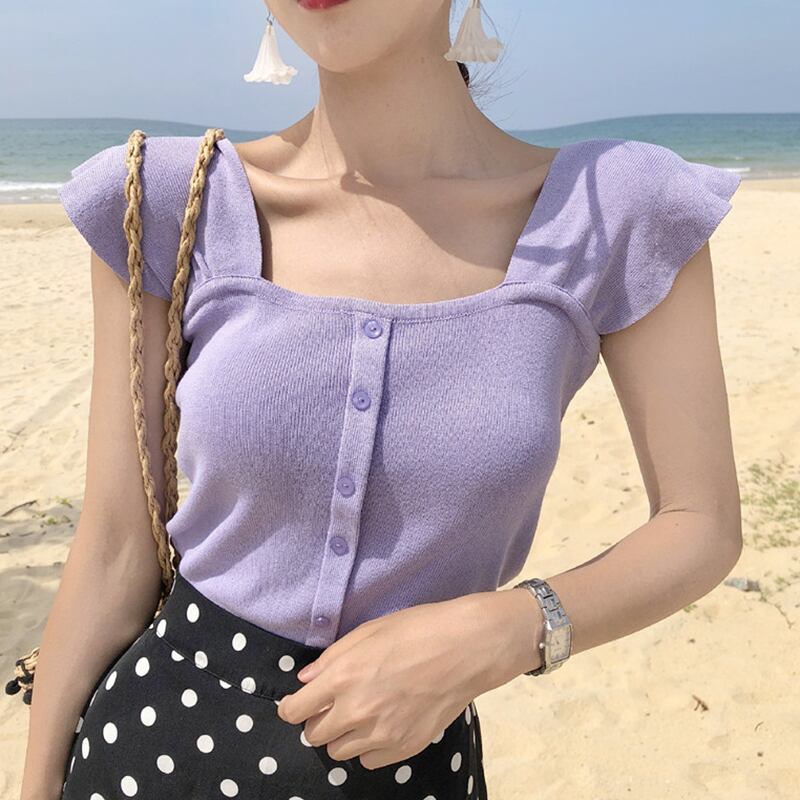 短いワイルドパープルのスリングチューブトップとニットの小さなベストの女性トップを備えたシックなスクエアカラーの春と夏のバージョン YY-ファッション79992458026