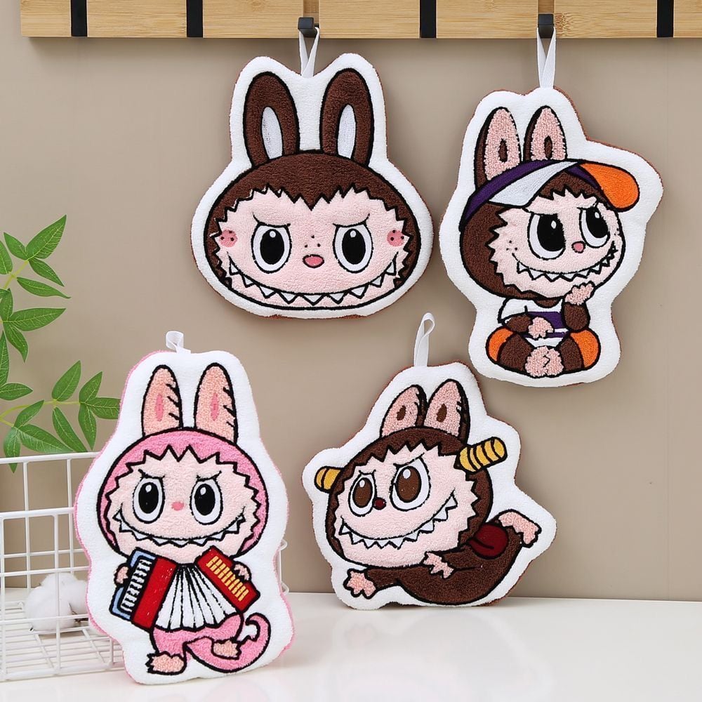 激安!4枚入り!labubu ラブブ 可愛い ハンドタオル 吸水速乾 厚手 キッチンタオル 多用途 4枚セット 吸水速乾 キッチン・洗面所用 厚手で可愛い お得用