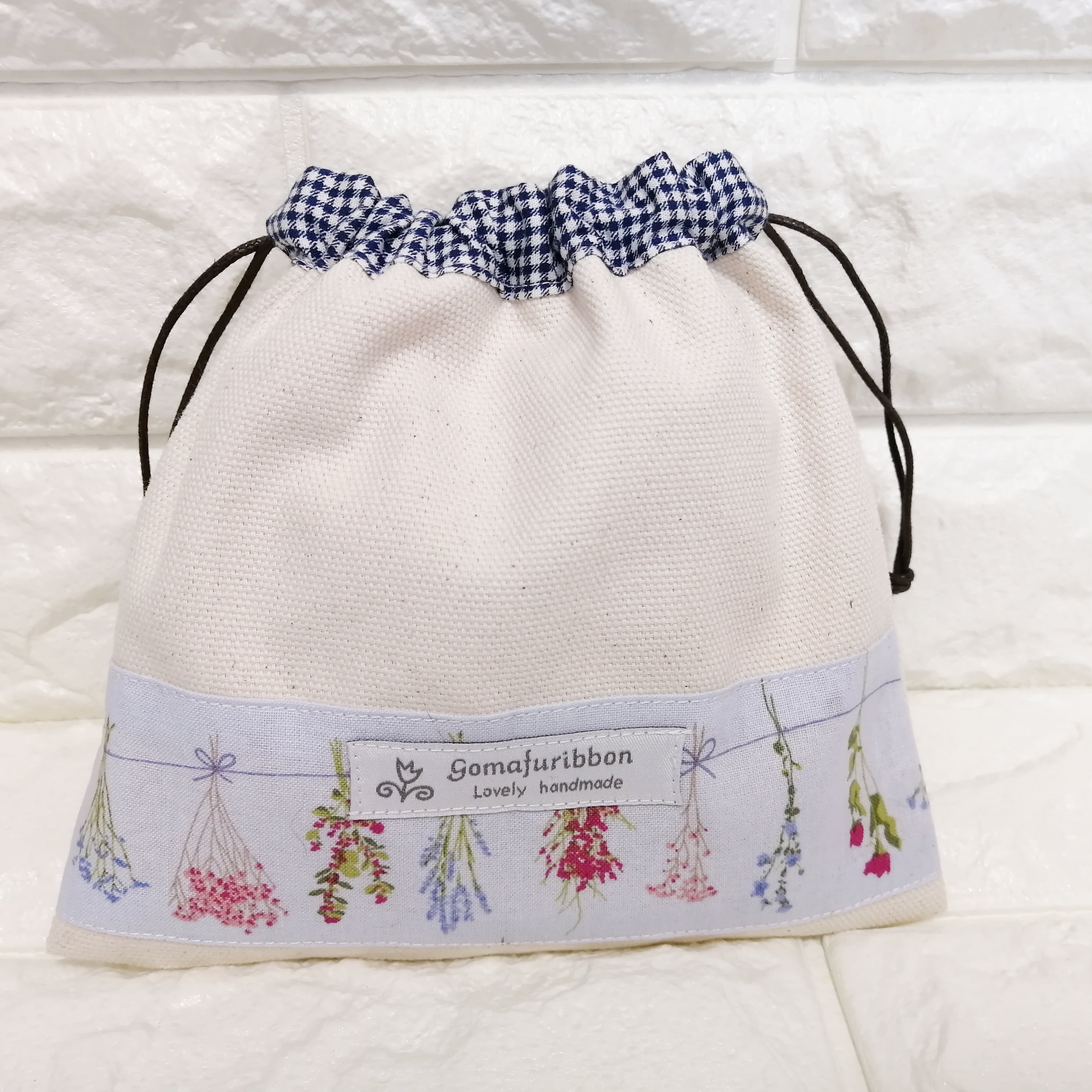 帆布の巾着 スワッグ柄 ブルーのギンガムチェック