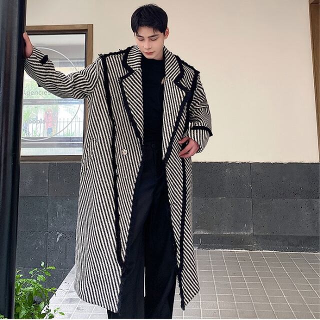 予約販売】ロングコート オーバーサイズ ブラック 黒 ストライプ柄
