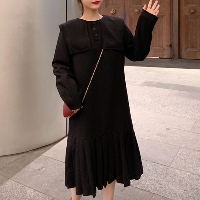 セーラーカラー 膝丈 プリーツワンピース 切替 長袖 ビッグカラー ブラックコーデ ローウエスト シンプル ガーリー 体型カバー 大きいサイズ 春 秋 Rb A09 0001 Redbell