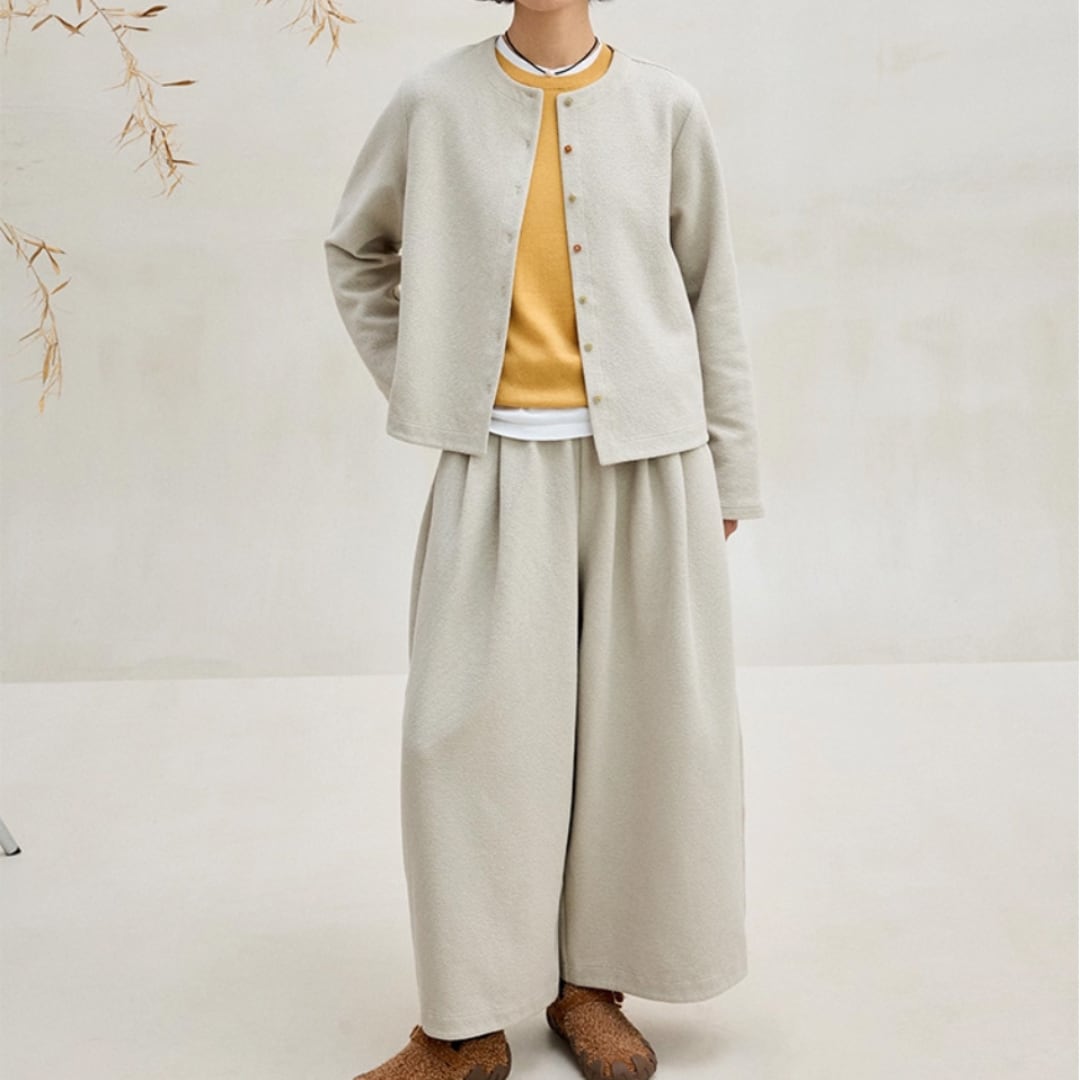 Crew neck cardigan / Gather wide pants G847