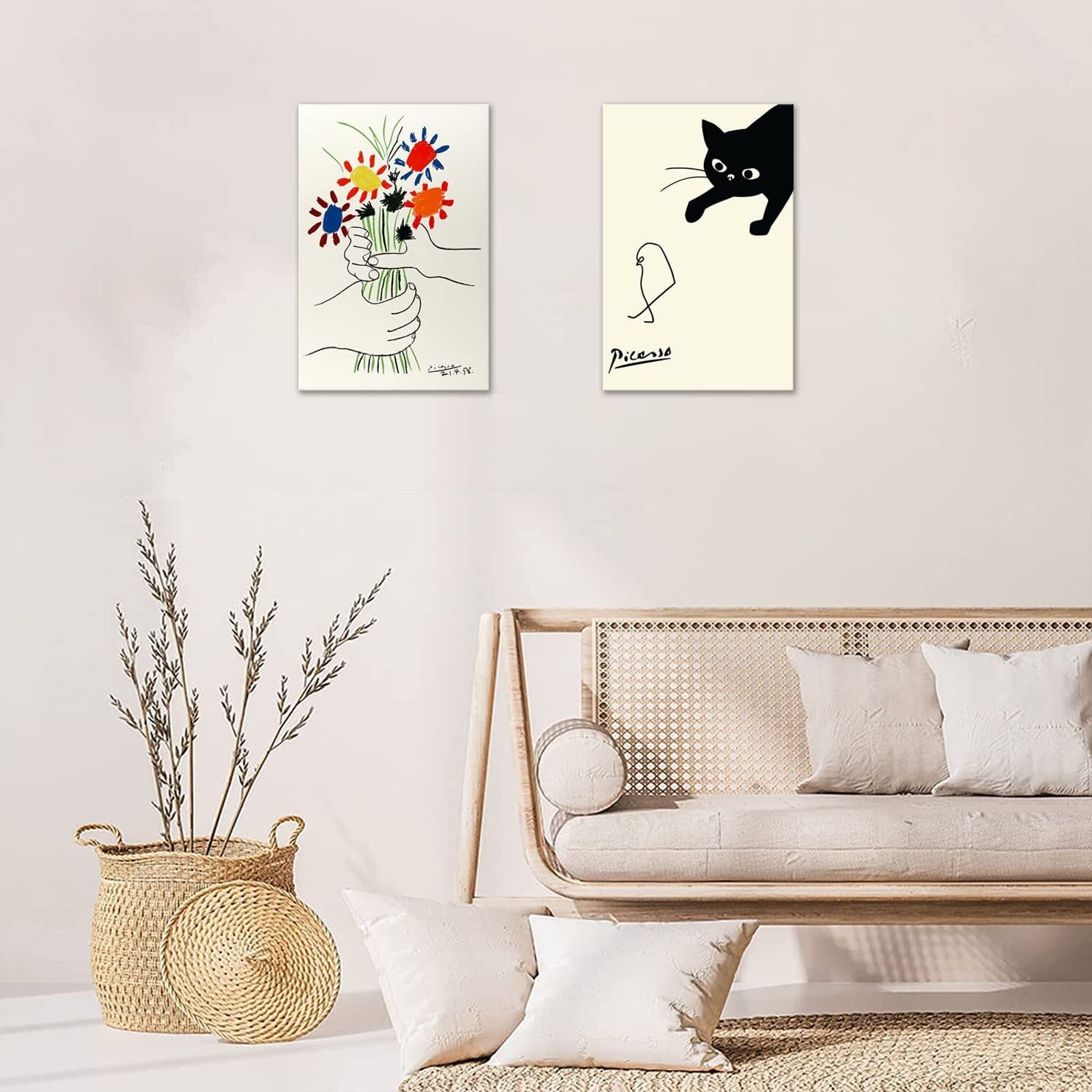 ピカソ ネコの絵 ネコとヒヨコ 絵画 2枚セット 新品 アート ポスター ピカソ 鳥を捕まえる猫 ネコとひよこ 絵画 ピカソ 猫 動物 壁画 パネル 飾り絵 部屋飾り 壁掛け 玄関 木枠付きの完成品(40x60cm x2Pcs) アート