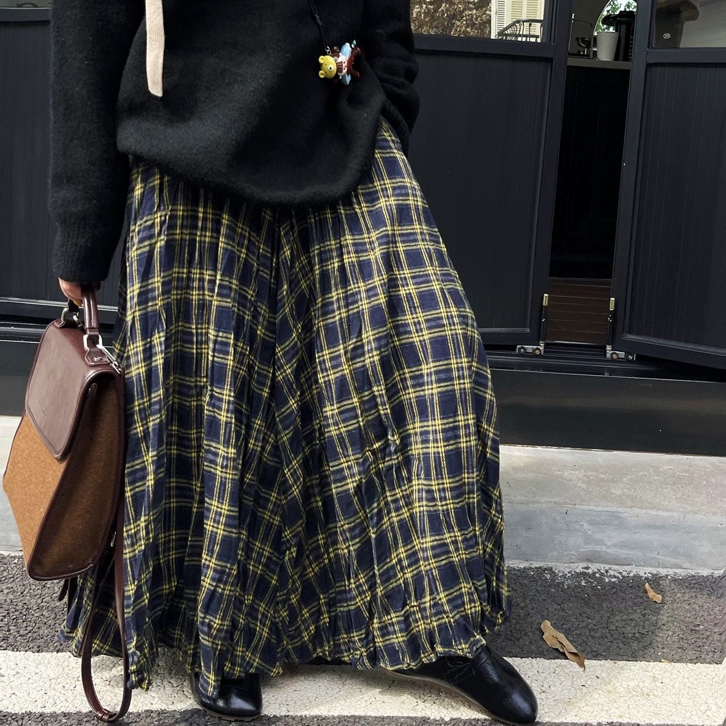 CHECKERED A-LINE WRINKLED MAXI DESIGN SKIRT 3colors M-16132