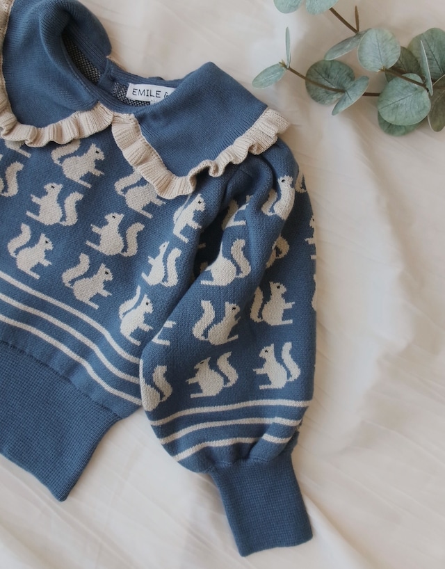 size 18m【Emile et Ida】Blue organic cotton squirrel jacquard sweater