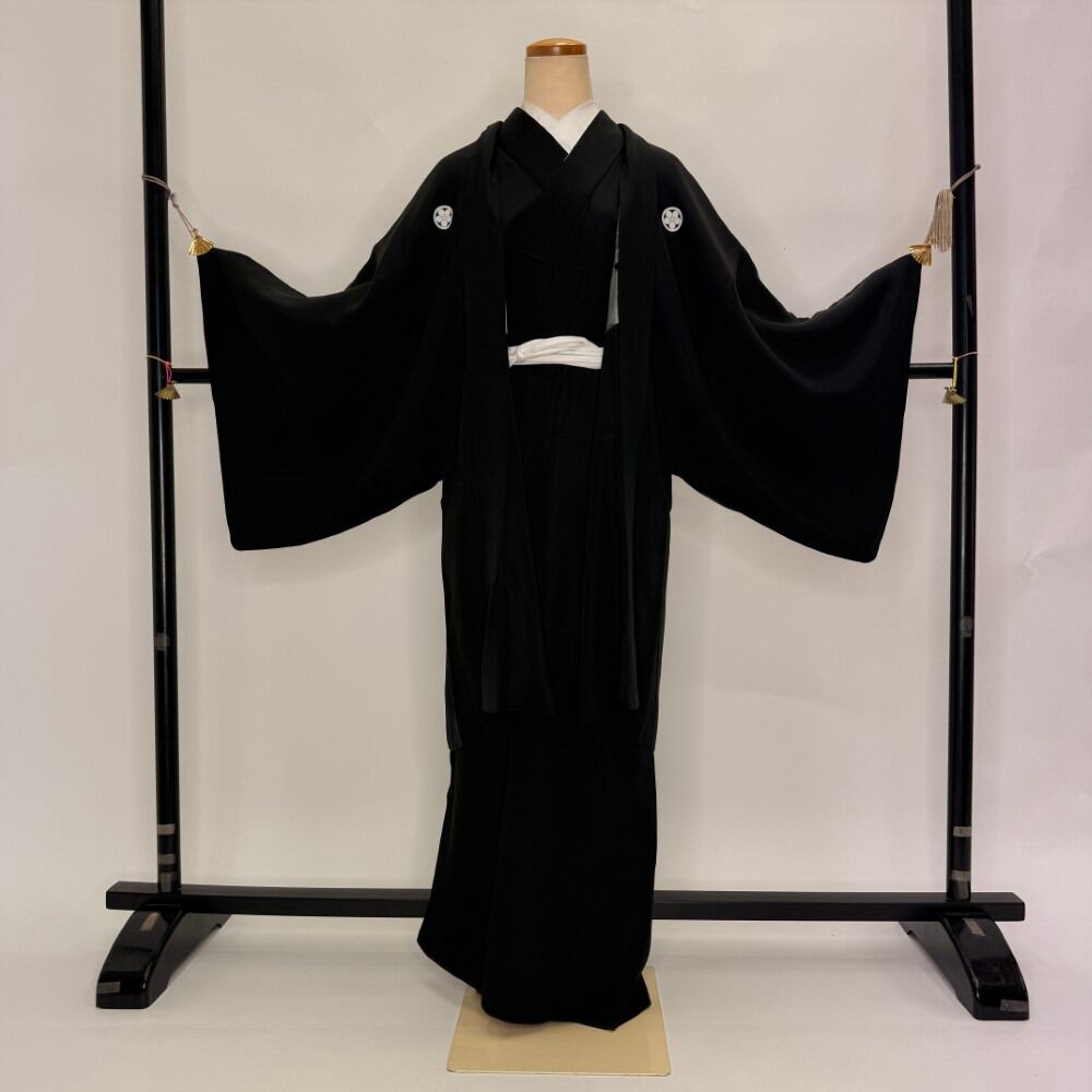 男紋付 男着物 黒紋付 正絹 羽織 長着 裄72.3cm L size 黒 五つ紋 中古 成人式 舞台衣装 6356