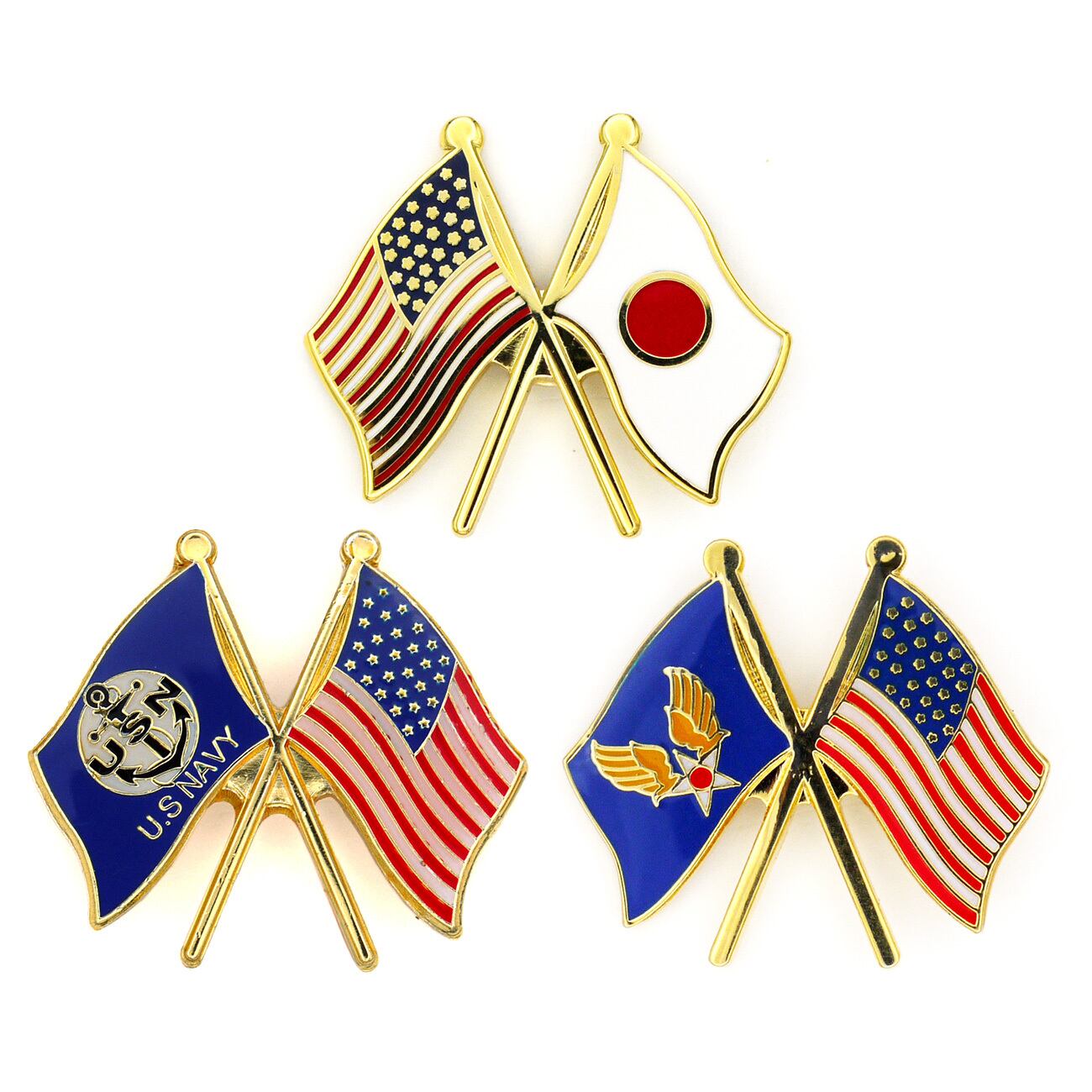 米軍グッズ ピンバッジ 米軍 国旗 星条旗&日の丸 海軍 空軍 全3種「燦