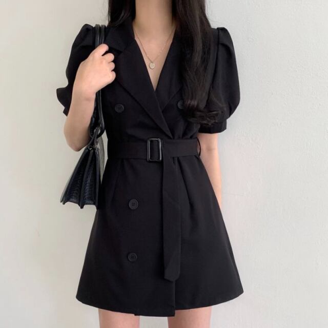 【予約販売】ワンピース レディース パフスリーブ トレンチ 半袖 ブラック ベージュ 黒 ベージュ お呼ばれ 結婚式 ドレス きれいめ ワンピ 大人可愛い エレガント おしゃれ こなれ感 韓国 フリー