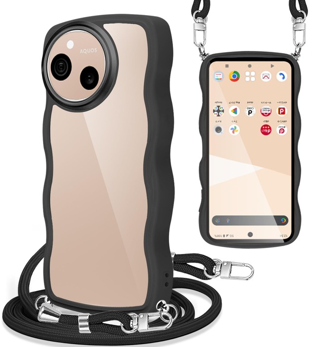 AQUOS sense9 / sense10 ケース ショルダー SH-53E | SHG14 | SH-M29 | SH-53F スマホケース 耐衝撃 クリア 波型 かわいい アクオスセンス9 / 10 カバー 肩掛け 斜めかけ 紐付き 織りストラップ付き 長さ調整可能 取り外し可能 (ブラック)