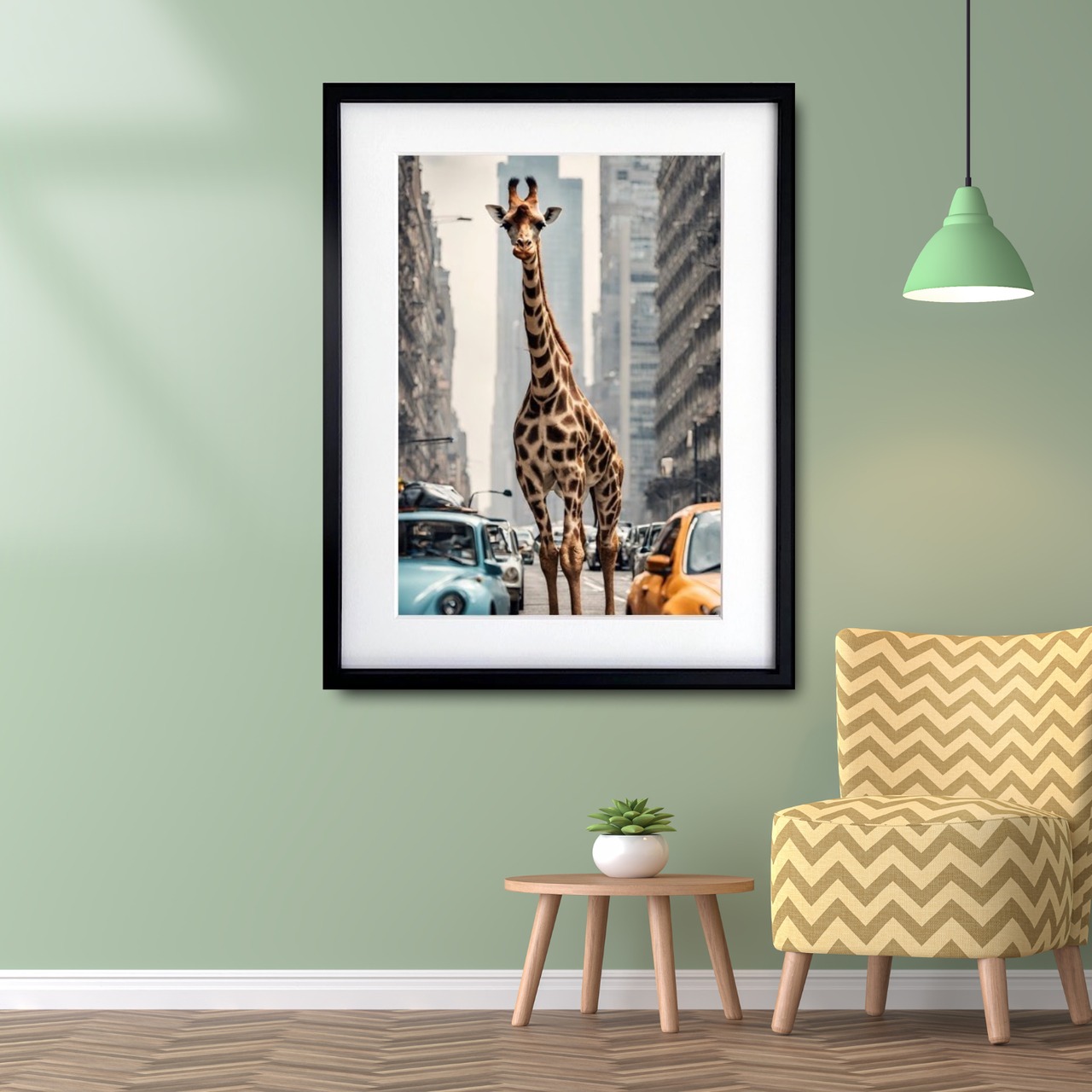 Giraffe Trip｜都会を歩くキリンのコラージュアートポスター｜個性派インテリアに映える非現実デザイン｜ A4ポスター