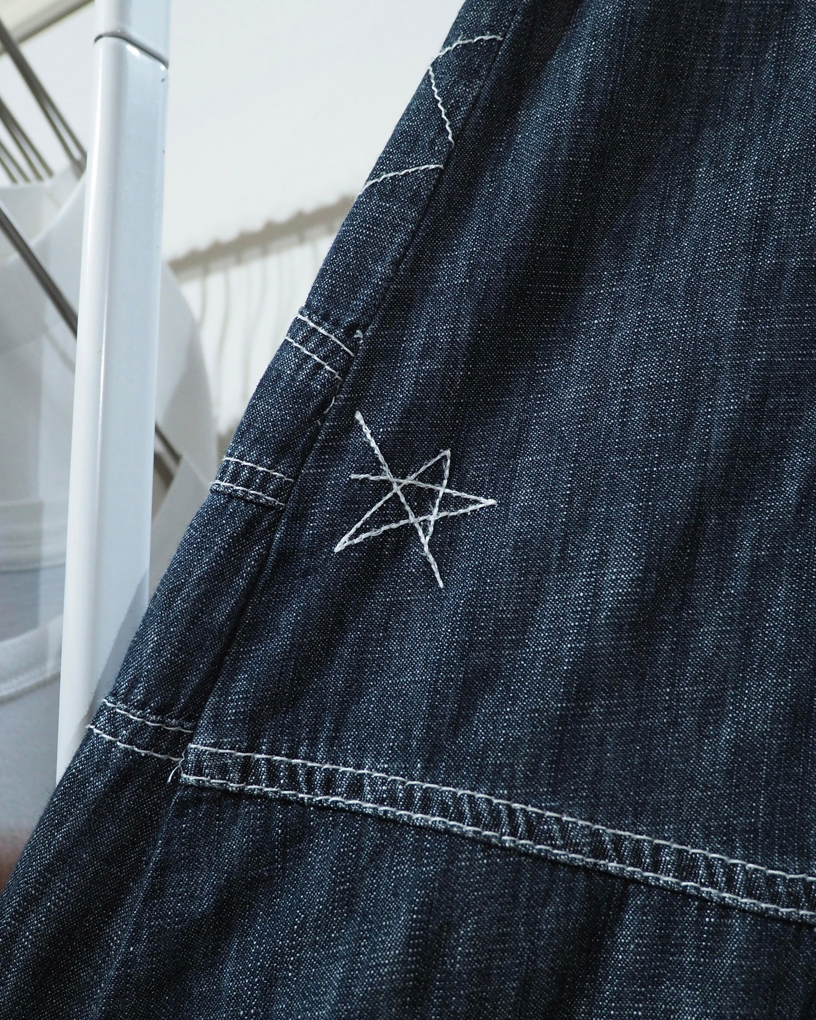 Random Patchwork × White stitch Embroidery vintage Indigo Denim Onepiece
