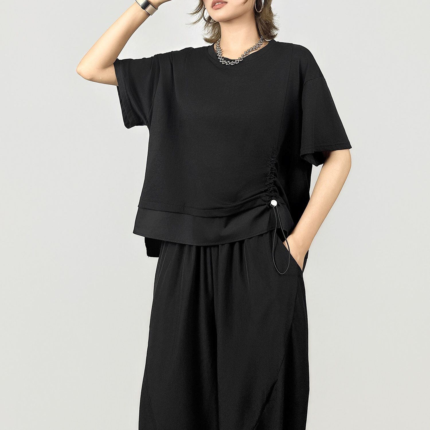 DRAWSTRING RELAXED SHORT SLEEVE LAYERED T-SHIRT M-17329