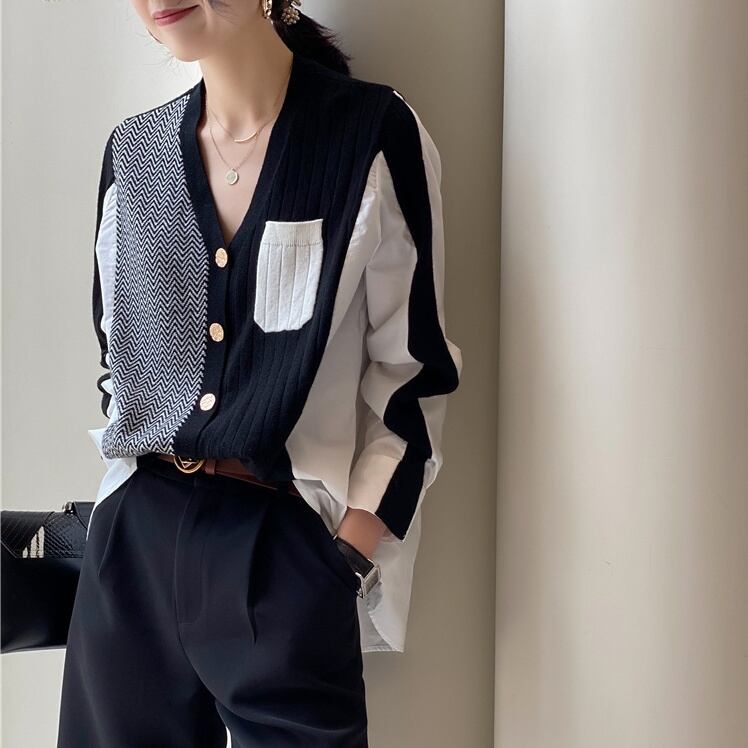 トップス レディース カーディガン 2カラー S M L ブラック ブルー カラバリ 異素材 ドッキング 羽織り ニット シャツ Vネック 長袖 アシンメトリー 前開き ボタン ヘリンボーン 華奢見え シンプル きれいめ カジュアル メンズライク 個性的 大人可愛い おしゃれ 普段使い デート お出かけ 女子会 休日 旅行 通勤 通学 着まわし 存在感 送料無料 ユニーク 韓国系 ファッション コーデ スタイル モテ 春 秋 冬 10代 20代 30代 40代