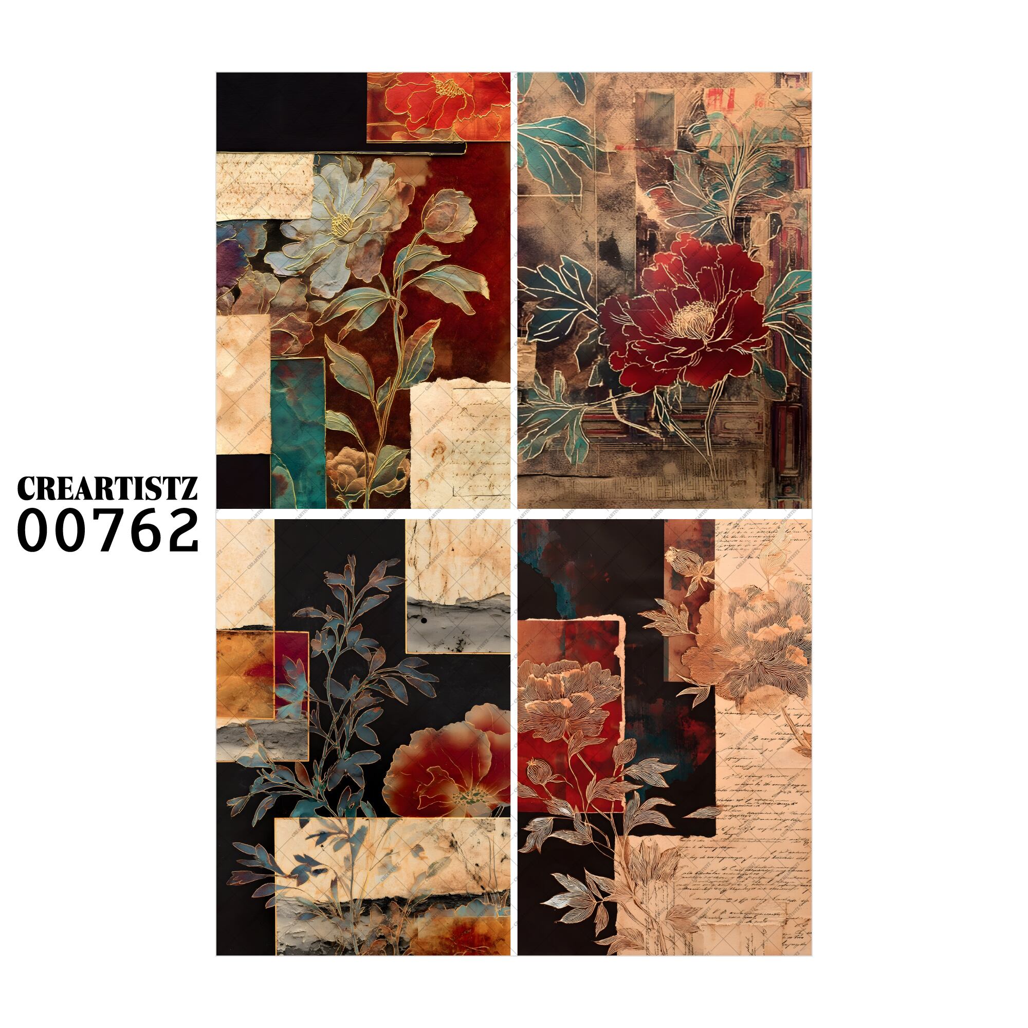 00762 背景 コラージュ素材 オリジナル 12枚セット (4種類×3枚) ペーパー/ステッカー CREARTISTZ
