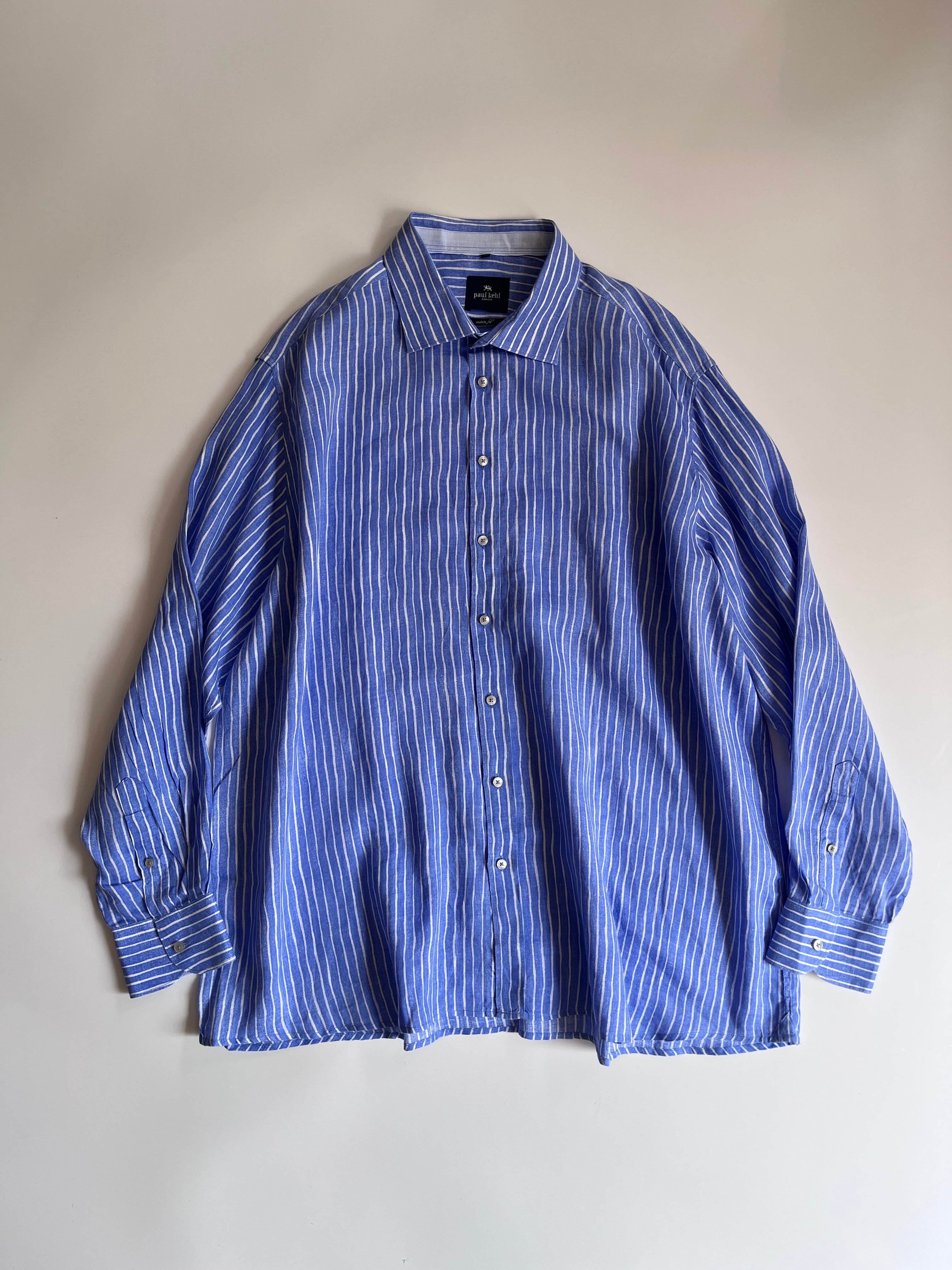 ポールケール paul kehl リネン ワイドカラー ストライプシャツ ビッグサイズ|ブルー×ホワイト|3XL|古着 ベトナム製