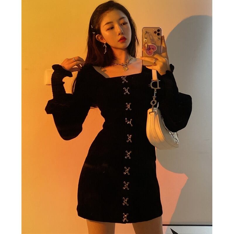 スタイルドレス スプリングスタンダードウェストベルベットスカート ブラック ロング レトロ 春物 YY-ファッション2011723613