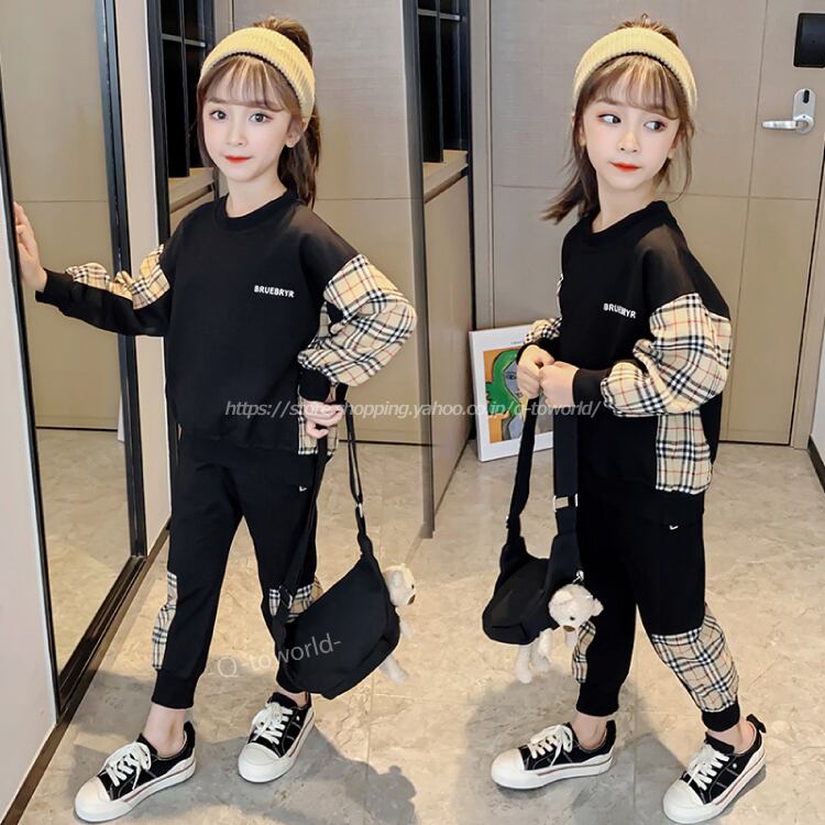 110 160 ２点セット チェック柄 トップス パンツ スポーティー 韓国版 女の子 韓国子供服 子供服 キッズ Q Toworld キュートワールド 子供服