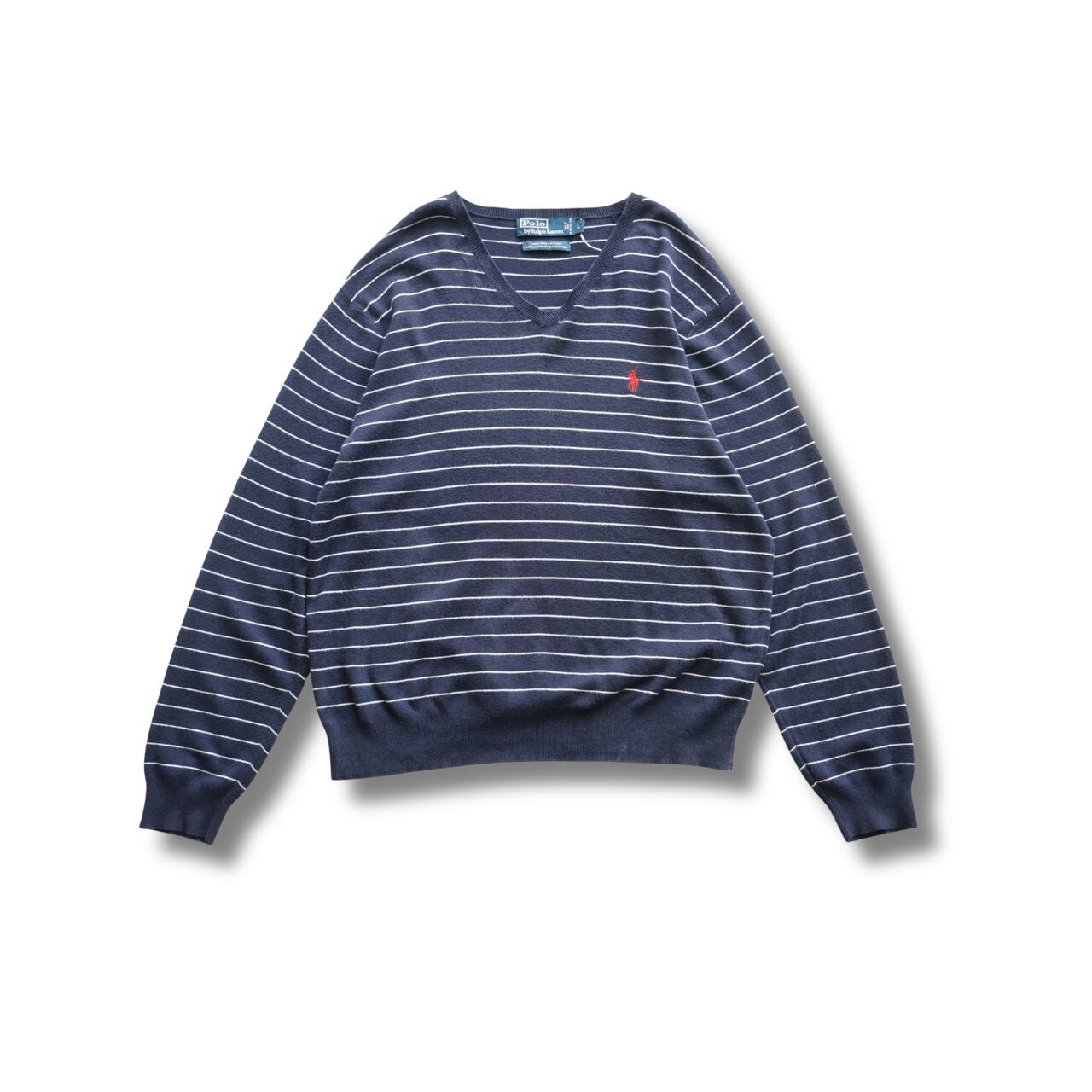 90s Polo Ralph Lauren ポロラルフローレン ボーダーVネックニット ピマコットン 表記L(実寸M相当)|NA676