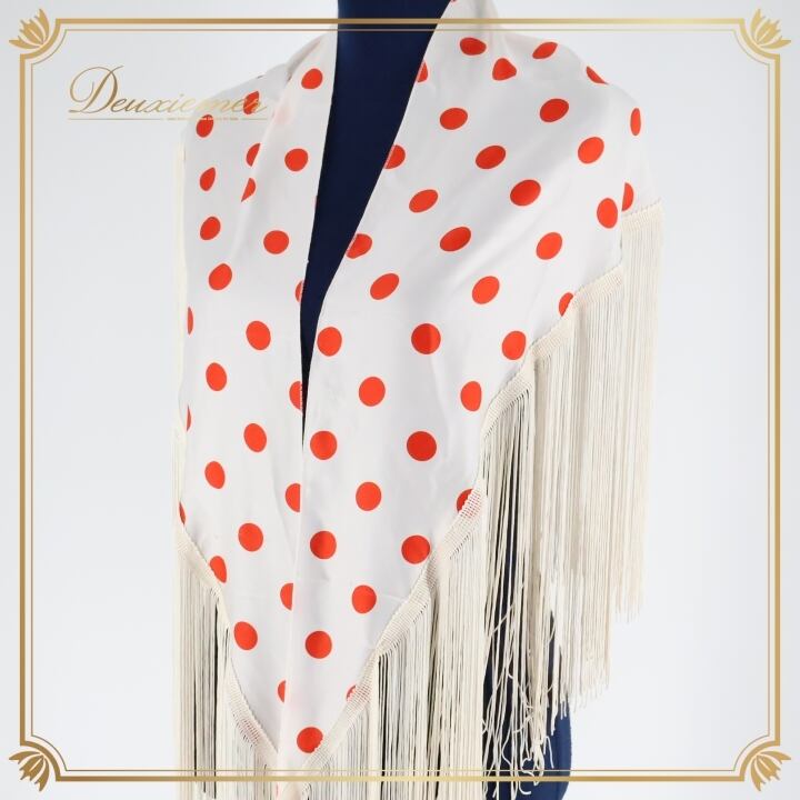 フラメンコ マントンシージョ ホワイト花柄x水玉 ダークレッドフレコ フラメンコ マントンシージョ ホワイト花柄x水玉 ダークレッド