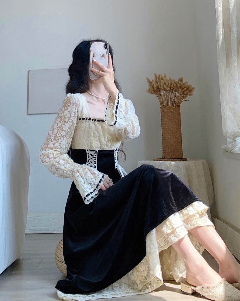 白黒 レース 英国貴族 切り替え リボンワンピース | LiLilac