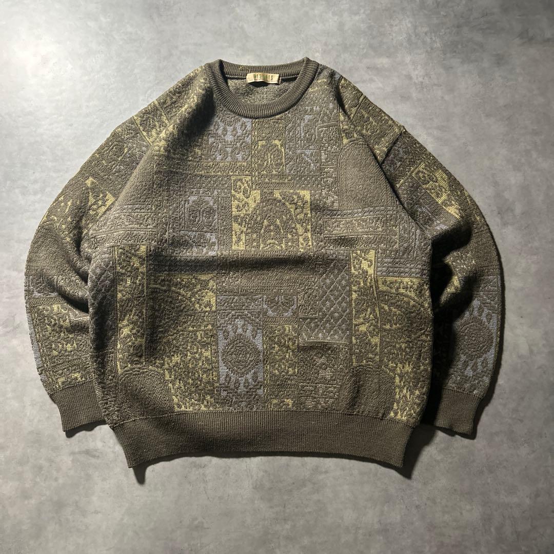 ヴィンテージ ケーブル ベージュ 幾何学模様 レトロ デザイン ニット セーター