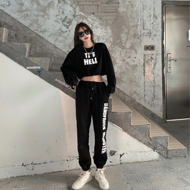 秋のスポーツスタイルスーツショートセータートップハイウエストカジュアルコルセットパンツ2020ニューファッションツーピースレディース ブラックストロベリース28036198079