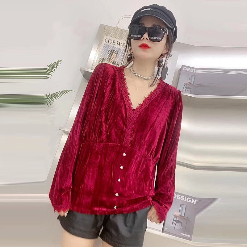 2020新しい大きいサイズのスリムルーズな女性の秋の気質長袖シャツカジュアルTシャツVネックボトムシャツ ミックスインファッション44702311579