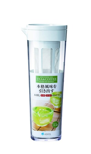 【特価処分】アスベル 冷水筒 ドリンク・ビオD-112T フィルター付 1.1L 縦横置き 茶しぶ不着防止加工 ホワイト 8039